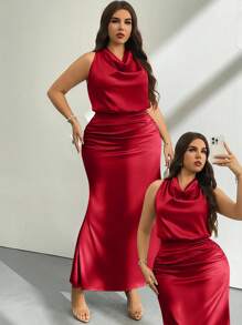 Firerie 2 件套女式缎面高领系带衬衫和褶皱长裙，情人节/音乐会/表演/约会/派对/舞会/婚礼季/性感/优雅/通勤/返校/度假/海滩/浪漫大码套装 - 紅色 - 查看 1