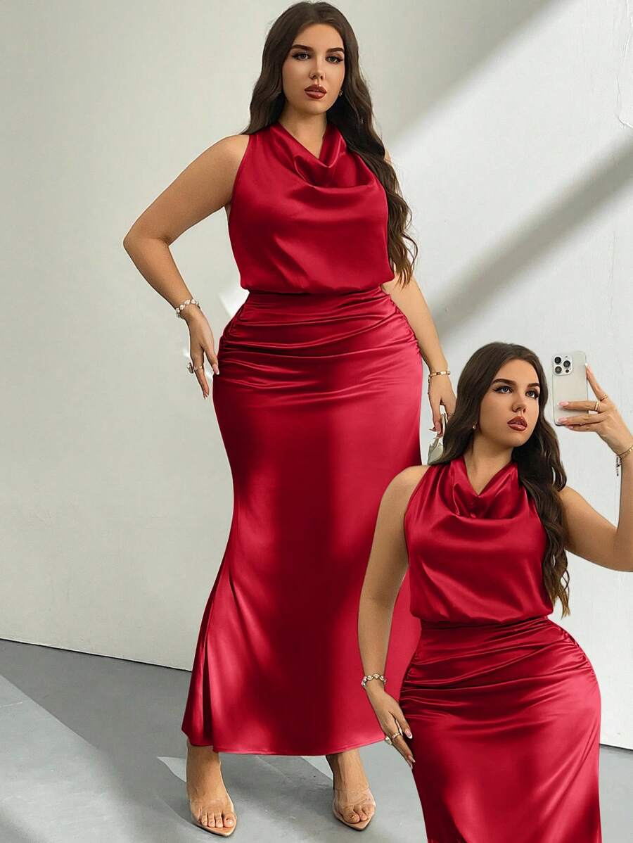 Firerie 2 件套女式缎面高领系带衬衫和褶皱长裙，情人节/音乐会/表演/约会/派对/舞会/婚礼季/性感/优雅/通勤/返校/度假/海滩/浪漫大码套装 - 紅色 - 查看 1