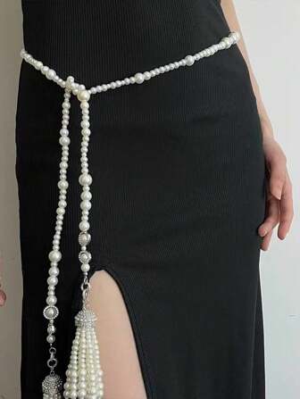 1pc Unique Women's Multilayer Flower Tassel & Pearl Beaded Waist Chain