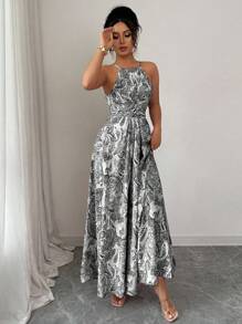 Elenzga Women's Sleeveless High Waist Ruffle Hem Printed Sundress - Black - View 3