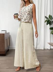 SHEIN Clasi 女式夏季全印花圆领无袖衬衫和阔腿裤两件套 - 彩色 - 查看 6