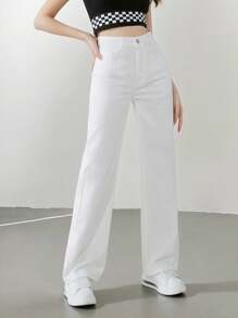 SHEIN 少女白色水洗直筒休闲牛仔裤，百搭四季皆宜