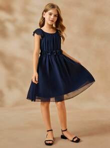 Girls Elegant Minimalist Scoop Neck Sleeveless High Waist Short Chiffon Floral Dress, Navy Blue