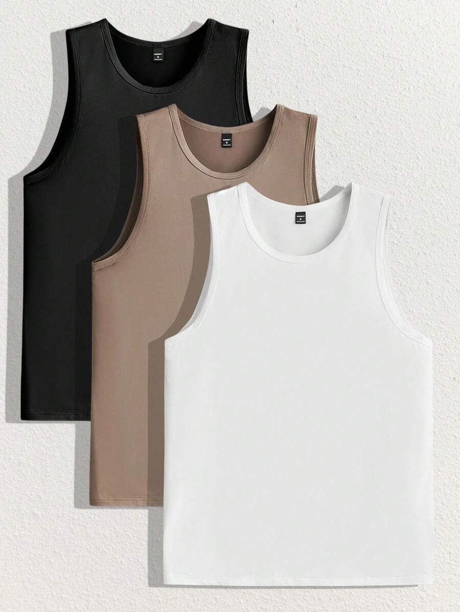 AKNOTIC 3pcs Pack Men Summer Casual Solid Color Funny, Basic Round Neck Sleeveless Tank Top, For Vacation, Boyfriend Gift - Multicolor - View 1