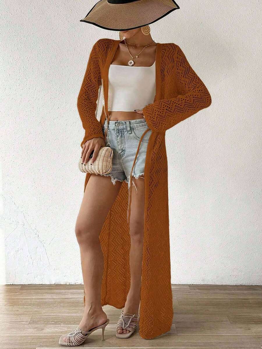 EMERY ROSE Cárdigan ligero y delgado de manga larga con diseño hueco de unicolor para vacaciones de mujer - Marrón - Ver 1