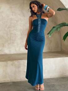 Aloruh Women's Rhinestone Embellished Halter Neck Ruched Bodycon A-Line Dress - Teal Blue - View 8