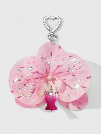 Kawaii 1pc Ins Style Nature Sweet Minimalist High-Quality Pink Acrylic Rhinestone Butterfly Orchid DIY Keychain/Bag Charm, Suitable For Women & Girls As Daily Accessory Or Festival Gift