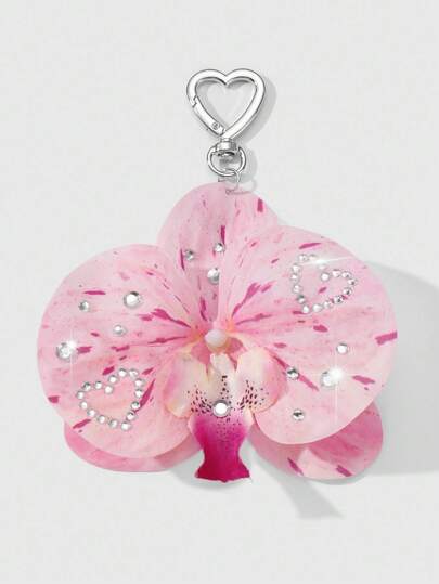 Kawaii 1 pieza Estilo Ins Naturaleza Dulce Minimalista Cadena para llaves/Accesorio para bolso de alta calidad de acrilico rosa con diamantes de imitación en forma de mariposa y orquídea, adecuado para mujeres y niñas como accesorio diario o regalo de festival