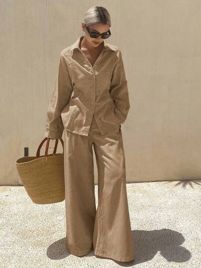 Livesso 女士夏季纯色褶皱衬衫宽松阔腿裤休闲套装