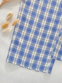 2pcs/Set Teenager Girls' Casual Strap Embroidered Plaid Print Camisole Top And Pants Home Wear, Blue & White - Blue and White - View 5