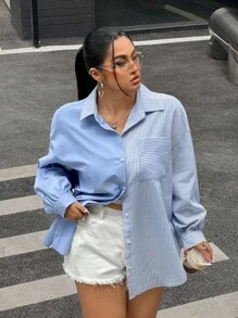 SHEIN EZwear 大码女式拼布条纹前扣口袋休闲衬衫 - 藍色 - 查看 6
