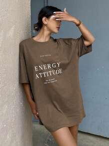 Livesso Women Loose Fit Short Sleeve T-Shirt With Letter Print And Round Neck For Summer Keep Smiling ENERGY ATTITUDE See The Good Time For Happiness Oversized T-Shirt