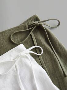 Comfortcana 大码女式纯色不对称下摆扭腰裙裤，夏季，度假，欧洲夏季，乡村，海滩，100% 纯棉，裹身裙，夏季，学校，绿白相间，早午餐，老钱风格女装 - 彩色 - 查看 2