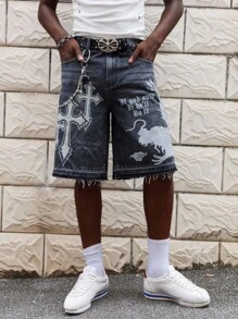 ROMWE MEN Street Life Men's Gothic Washed Cross Dragon Print Denim Shorts, Halloween - Black - View 7