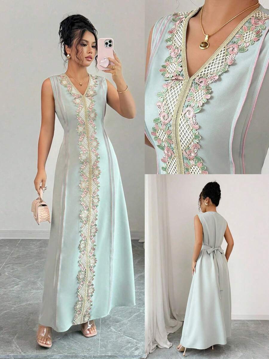 Elenzga Rochie elegantă fără mâneci, cu decolteu în V, brodată manual, verde, primăvară/vară - Verde - Vizualizare 1