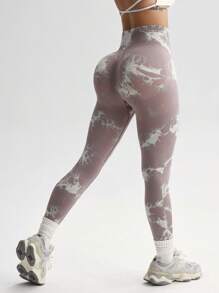 Easithlete 无缝高腰扎染印花紧身健身裤 - 彩色 - 查看 4