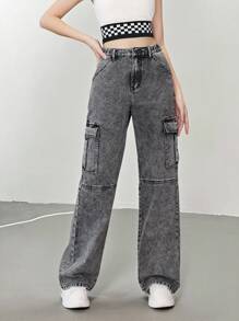 青少年女孩側翻蓋口袋工裝牛仔褲