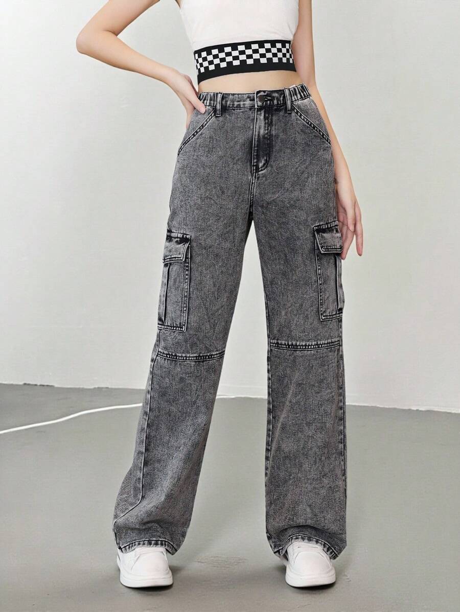 青少年女孩側翻蓋口袋工裝牛仔褲