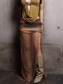 Steff Loaiza Concert Outfit Women Western Wear Boho Knitted Mesh Printed Side Slit Skirt For Women