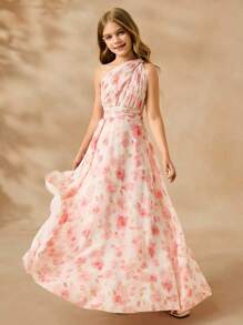 SHEIN Tween Girls Elegant Ditsy Floral Wedding Flower Girl Dress, Chiffon Ruffled Cape Overlay Mid-Length Prom Gown - Red and White - View 5