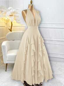 Chiquease Rafferiza Women Red Boho Romantic Elegant Wedding Guest Graduation Birthday Dresses Evening Beach Sun Dress Western Wear Concert Outfit Holiday Travel V-Neck 2025 Spring And Summer New Loose Casual Halter Random Free Straps Original Design Multi-Layered Ruffled Bow Long Maxi Dress - Apricot - View 3