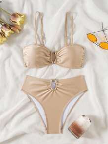 Swim Vcay 2pcs/Set Women's High-End Nylon Shiny Fabric Swimsuit With U-Neck Metal Decor Adjustable Straps, Bikini Set For Beach Holiday, Summer - Khaki - View 2