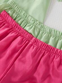 4pcs/Set Girls' Pink, Light Green And White Trim Pocket Faux Silk Short Sleeve Shorts Pajama Set, Sleepwear Back To School Clothes Travel Clothes Summer Fall Clothes Pajamas Sets Satain Lace Pajamas Sets - Multicolor - View 4