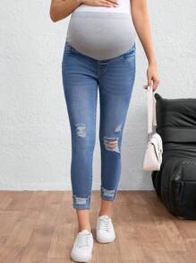 SHEIN Maternity High Waist Ripped Skinny Casual Versatile Jeans - Medium Wash - View 1
