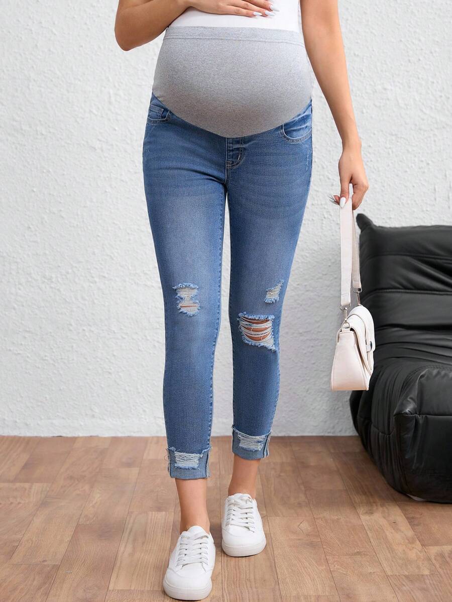 SHEIN Maternity High Waist Ripped Skinny Casual Versatile Jeans - Medium Wash - View 1