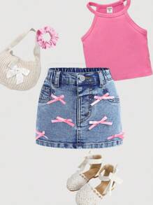 SHEIN 女婴Y2K可爱粉色蝴蝶结蓝色牛仔弹力紧身裙，2000年代风格，卡哇伊，返校季，秋季儿童休闲舒适装，舒适休闲时尚度假装 - 淺色水洗藍 - 查看 1