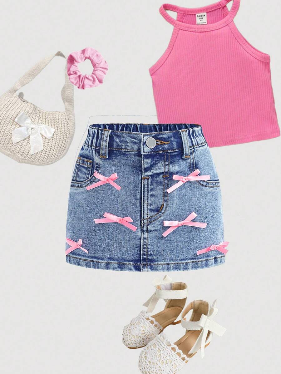 SHEIN 女婴Y2K可爱粉色蝴蝶结蓝色牛仔弹力紧身裙，2000年代风格，卡哇伊，返校季，秋季儿童休闲舒适装，舒适休闲时尚度假装 - 淺色水洗藍 - 查看 1