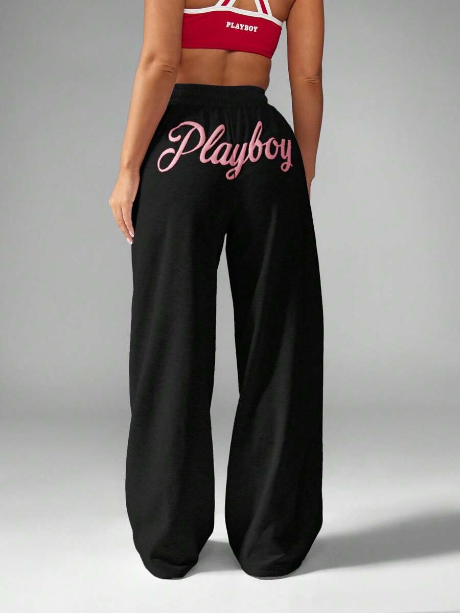 Missguided x Playboy Wide Leg Lounge Joggers High Waist Drawstring Palazzo Pants Relaxed Fit Everyday Athleisure Comfort Cozy Winter Bottoms - Black - View 1