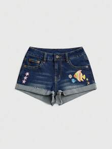 Grunge Punk 女士休闲水洗刺绣牛仔短裤 - 藍色 - 查看 1