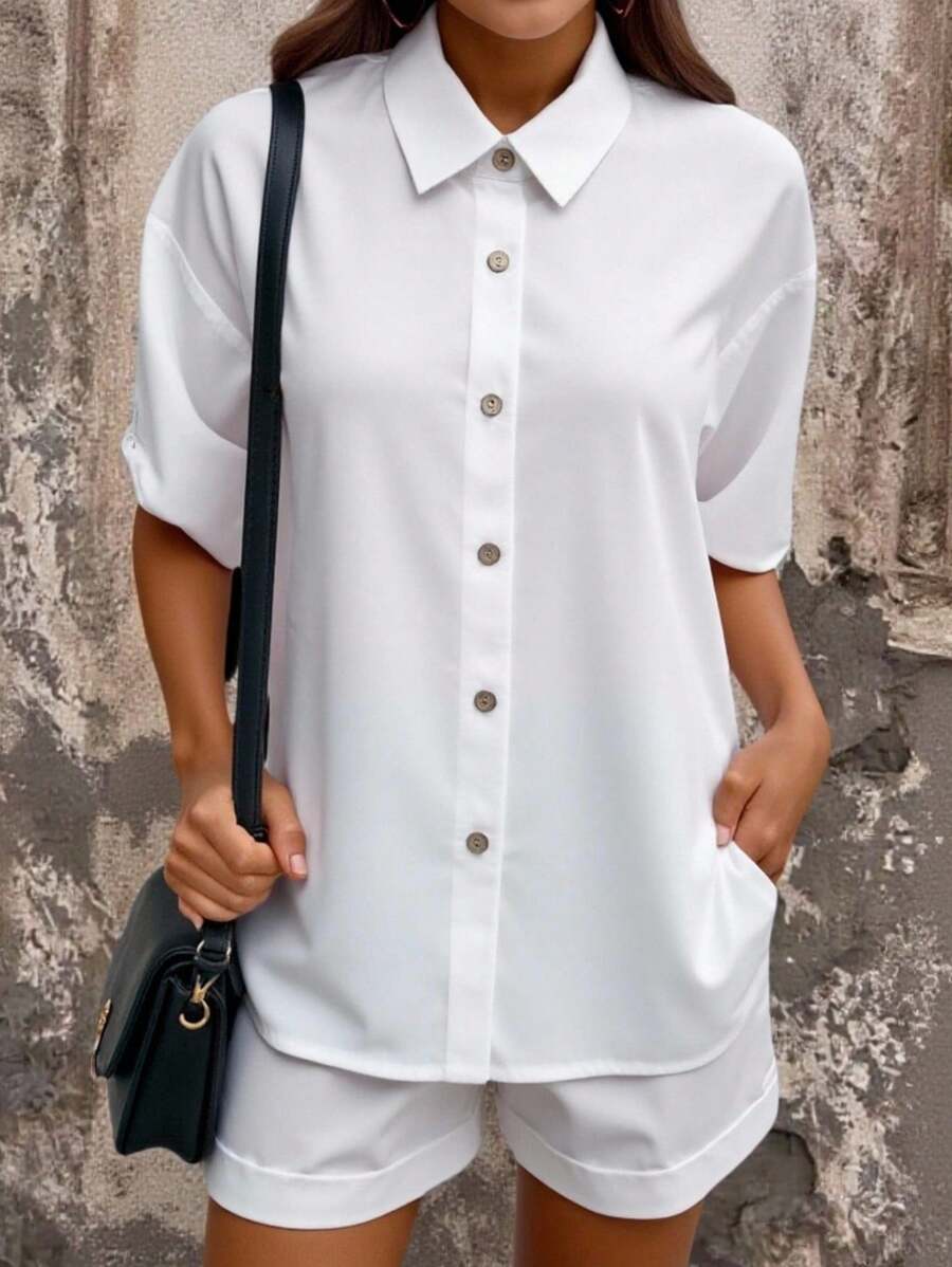 Women's Simple Solid Color Lapel Collar Button Front Shirt And Shorts Set, Casual Summer - White - View 1