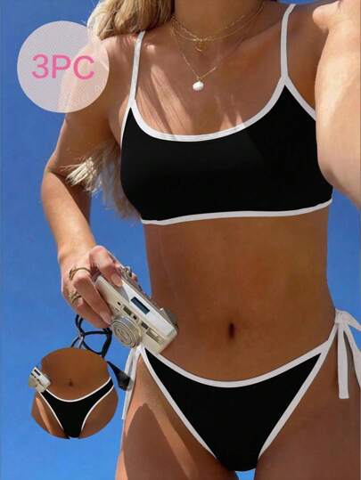 Swim Mod 2025 女式三件套细肩带无线纯色两件套比基尼泳装套装