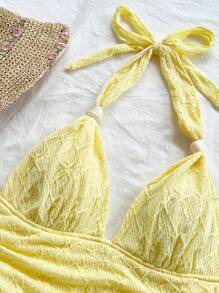 Soleia Sexy Retro Ombre V-Neck Tie-Up Mesh Ruched Asymmetrical Hem Romantic Vacation Bodycon Mini Dress For Women Yellow Summer Dress Yellow Beach Dress Yellow Vacation Dress