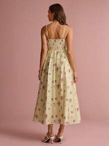 Enchnt Summer Romantic Women's Elegant Butter Yellow Ditsy Floral Spaghetti Strap Casual Midi Dress, Suitable For Vacation,Sweet&Elegant For Vacation&Date&Holiday&Party&Graduation&Wedding Guest&Beach,Prom Dress,Summer Dresses For Women,Summer Clothes, ,Elegant Dresses For Party,Bohemian Clothes - Pink - View 7