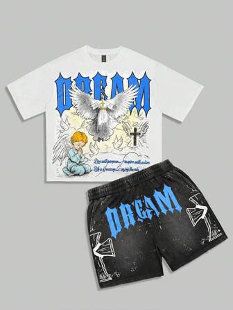 Street Life Ensemble 2 pièces T-shirt à col ras du cou à manches courtes avec imprimé lettre et ange et short avec poche pour hommes