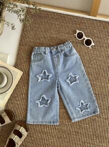 SHEIN Baby Boy Aqua Blue Summer Cute Modest Vintage Street Style Loose Fit Baggy Jeans,Frayed Star Print Ripped Denim Pants For Back To School Streetwear - Light Wash - View 3