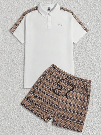 Guys Letter Graphic Plaid Polo Shirt & Drawstring Waist Shorts