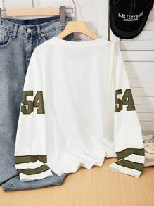 Sparklyn 青少年女孩数字印花长袖上衣，百搭街头风格休闲衬衫，适合日常穿着，春秋季节 - 軍綠色 - 查看 2