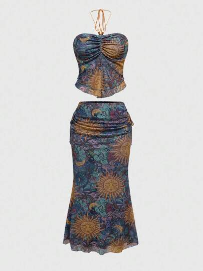 Hippie Plus Size Y2K Hippie Sun & Moon Totem Print Halter Top And Mini Skirt 2 Pieces Set