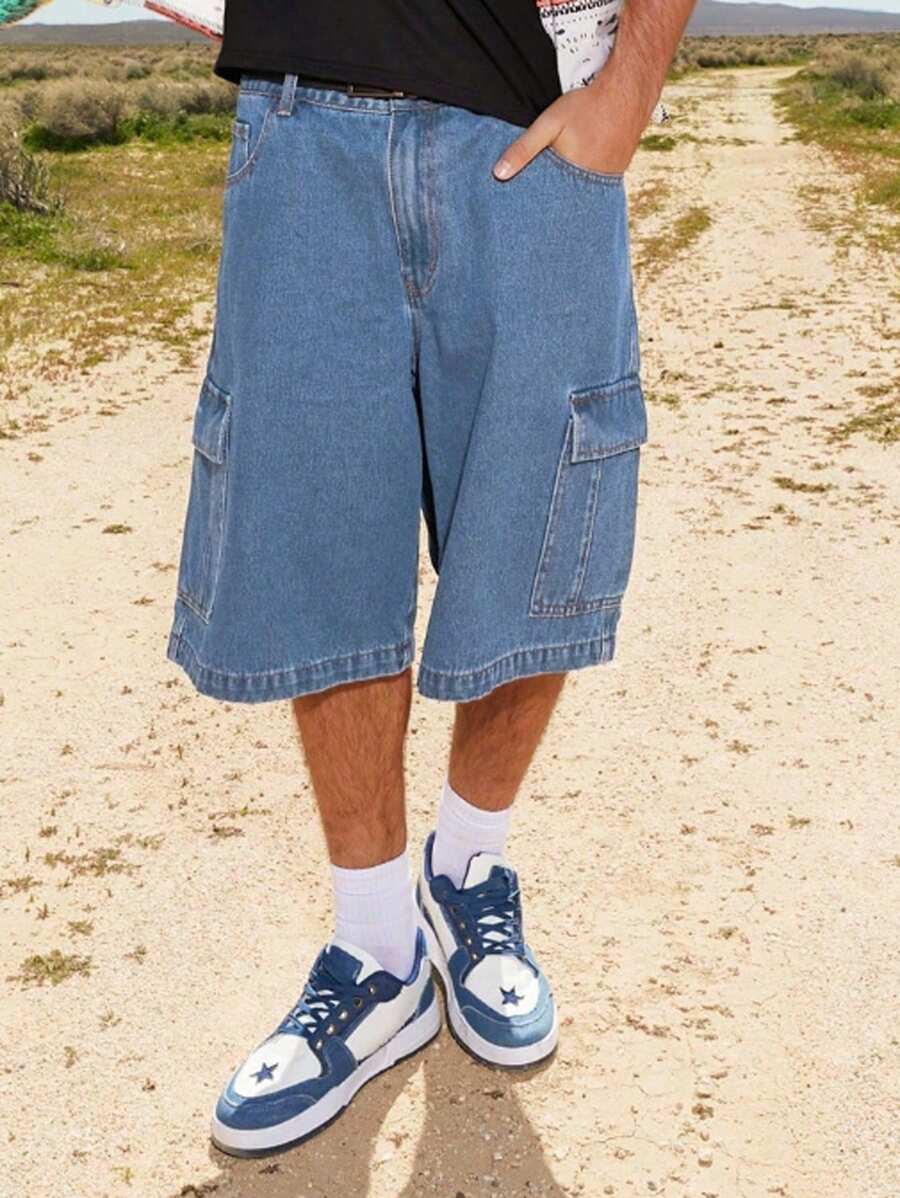 Claim Dot Plus Size Men's Solid Color Casual Loose Pocket Denim Shorts Men Baggy Jeans Shorts