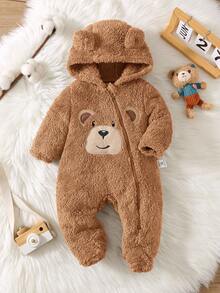 新生男婴可爱熊刺绣耳朵连帽衫长袖柔软羊毛连脚连体衣，秋冬 - 棕色 - 查看 1