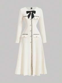 SHEIN MOD 女士优雅缎带拼接蝴蝶结装饰长袖长裙，冬季连衣裙，女士连衣裙，优雅女士连衣裙，米色女士连衣裙 - 米色 - 查看 1