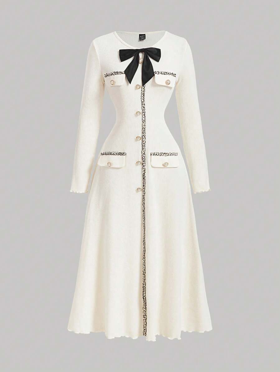 SHEIN MOD 女士优雅缎带拼接蝴蝶结装饰长袖长裙，冬季连衣裙，女士连衣裙，优雅女士连衣裙，米色女士连衣裙 - 米色 - 查看 1