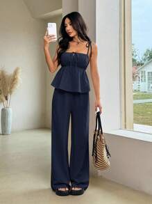 Comfortcana 夏季休闲梭织海军蓝亚麻吊带背心和裤子套装 - 藏蓝色 - 查看 3