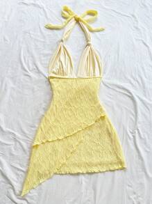 Soleia Sexy Retro Ombre V-Neck Tie-Up Mesh Ruched Asymmetrical Hem Romantic Vacation Bodycon Mini Dress For Women Yellow Summer Dress Yellow Beach Dress Yellow Vacation Dress