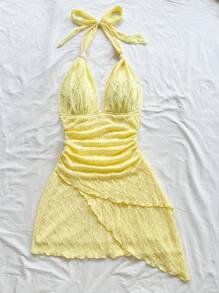 Soleia Sexy Retro Ombre V-Neck Tie-Up Mesh Ruched Asymmetrical Hem Romantic Vacation Bodycon Mini Dress For Women Yellow Summer Dress Yellow Beach Dress Yellow Vacation Dress