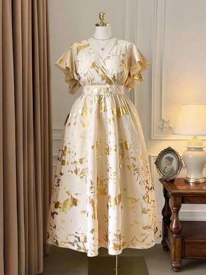 DreamSkyne 大码女式优雅通勤金箔印花重叠 V 领荷叶边下摆长连衣裙